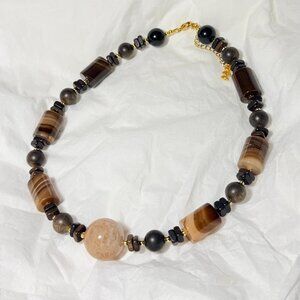 Layered Phantom Quartz Statement Necklace | Banded Agate & Wood | Earth Tone Han